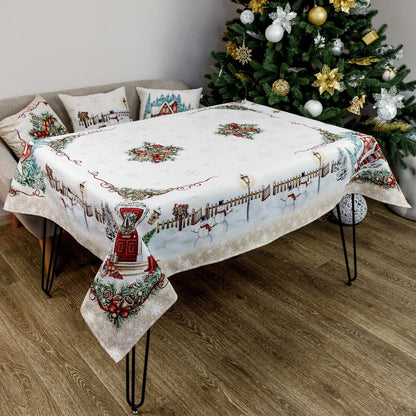 White Velour Tapestry Tablecloth With Snowman And Christmas Wreath Pattern | Festive Winter Holidays Textile Set, Housewarming Gift
