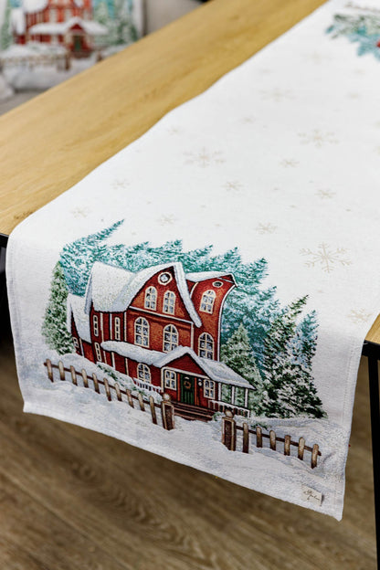 White Tapestry Velours Table Runner With Big Red House And Snowflakes Pattern | Festive Winter Holidays Home Decor