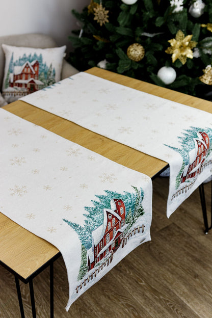 White Tapestry Velours Table Runner With Big Red House And Snowflakes Pattern | Festive Winter Holidays Home Decor
