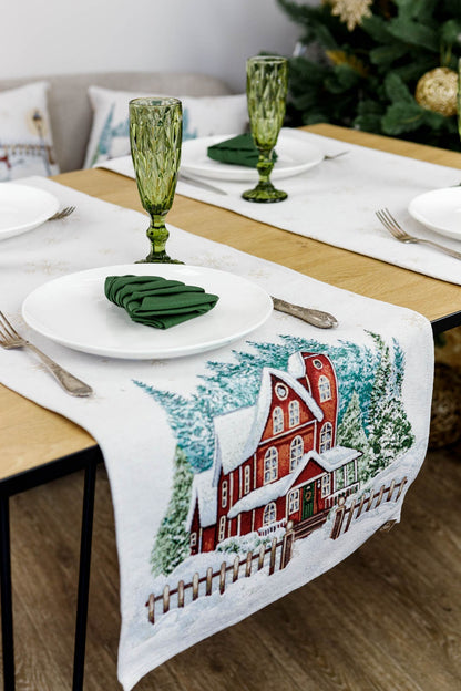 White Tapestry Velours Table Runner With Big Red House And Snowflakes Pattern | Festive Winter Holidays Home Decor