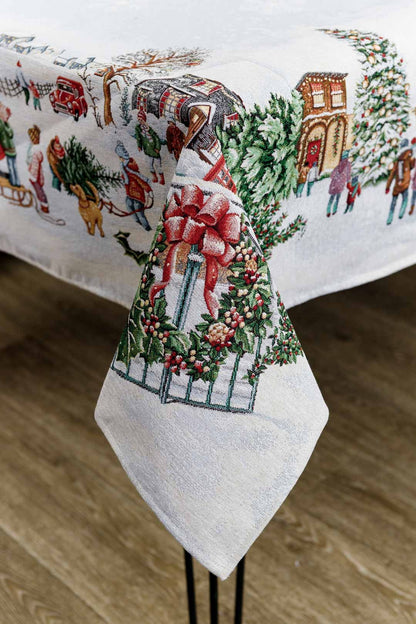 White Christmas Tapestry Tablecloth With Winter Village, Snowflakes Pattern | New Year Wreath Print, Housewarming Gift