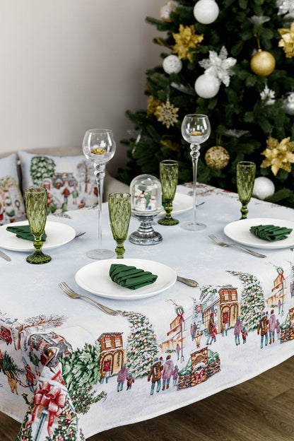 White Christmas Tapestry Tablecloth With Winter Village, Snowflakes Pattern | New Year Wreath Print, Housewarming Gift