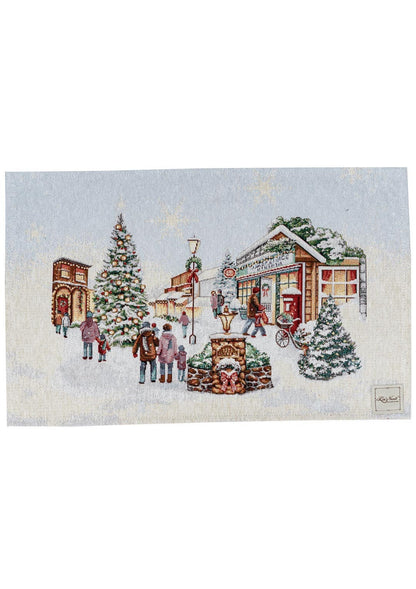 Set of Four White Christmas Tapestry Placemats With Winter Village Pattern | Festive New Year Textile Set, Housewarming Gift