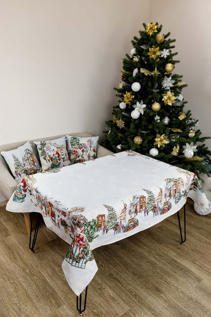 Set of Four White Christmas Tapestry Placemats With Winter Village Pattern | Festive New Year Textile Set, Housewarming Gift