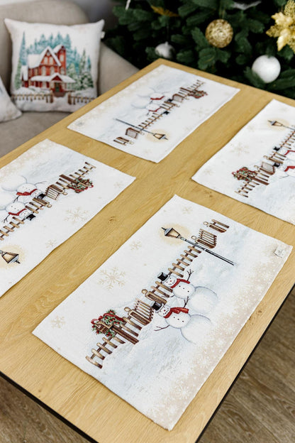 Set of Four White Tapestry Christmas Placemats With Snowmen And Golden Snowflakes Pattern | Festive Winter Holidays Textile Set
