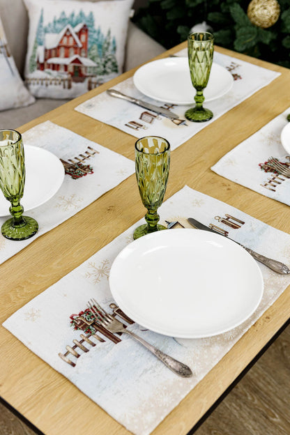 Set of Four White Tapestry Christmas Placemats With Snowmen And Golden Snowflakes Pattern | Festive Winter Holidays Textile Set