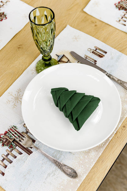 Set of Four White Tapestry Christmas Placemats With Snowmen And Golden Snowflakes Pattern | Festive Winter Holidays Textile Set