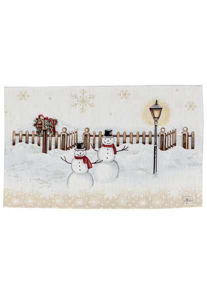 Set of Four White Tapestry Christmas Placemats With Snowmen And Golden Snowflakes Pattern | Festive Winter Holidays Textile Set