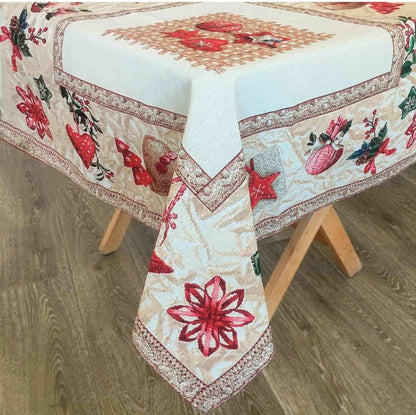 Beige Tapestry Tablecloth With Red Christmas Decorations Pattern | New Year Home Decor, Festive Textile Set, Present Idea For Family, Friends