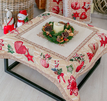Beige Tapestry Tablecloth With Red Christmas Decorations Pattern | New Year Home Decor, Festive Textile Set, Present Idea For Family, Friends