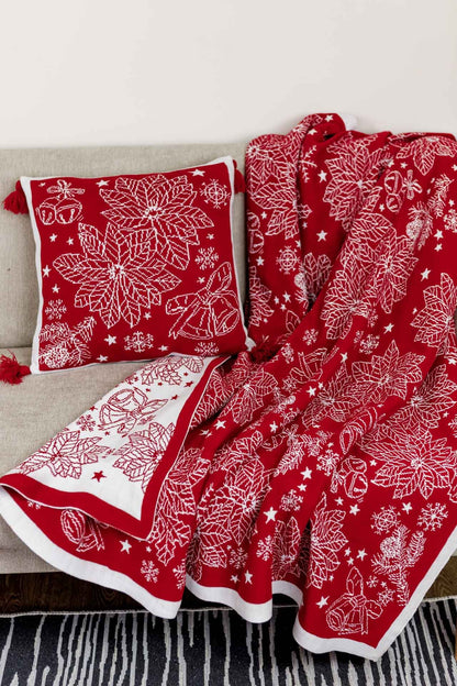 Red Knitted Christmas Blanket With Poinsettia Flower, Bells And Snowflakes Pattern | Festive Warm Winter Textile Set, Housewarming Gift
