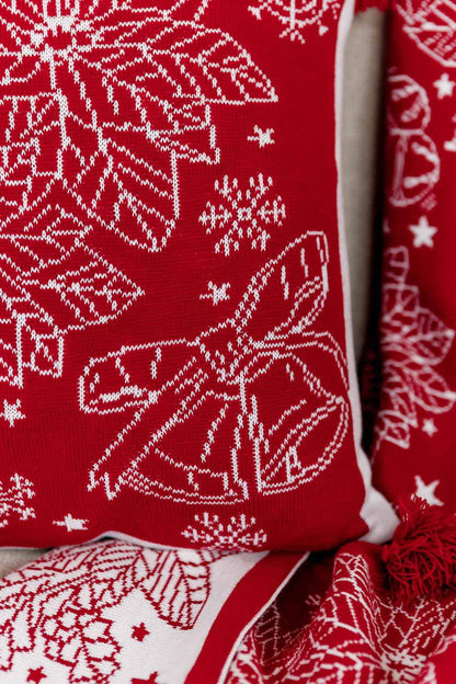 Red Knitted Christmas Pillowcase With Poinsettia Flower, Bells And Snowflakes Pattern | Festive Warm Winter Textile Set, Housewarming Gift