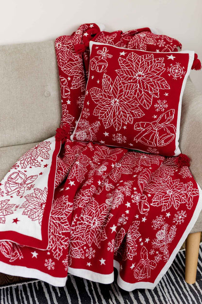 Red Knitted Christmas Pillowcase With Poinsettia Flower, Bells And Snowflakes Pattern | Festive Warm Winter Textile Set, Housewarming Gift