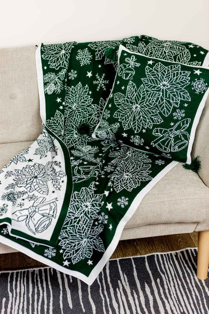 Green Knitted Christmas Blanket With Poinsettia Flower, Bells And Snowflakes Pattern | Festive Warm Winter Textile Set, Housewarming Gift