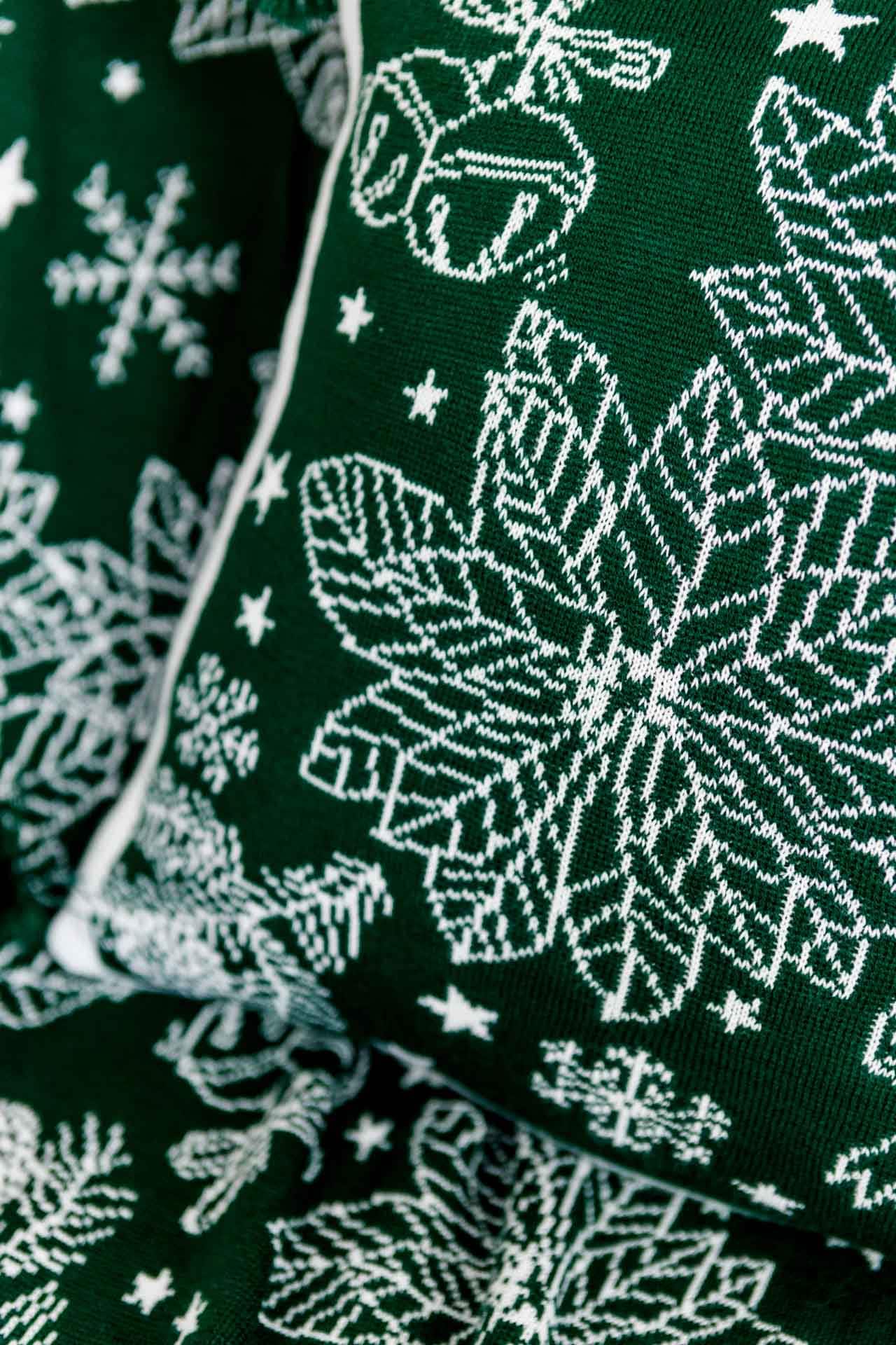 Green Knitted Christmas Pillowcase With Poinsettia Flower, Bells And Snowflakes Pattern | Festive Warm Winter Textile Set, Housewarming Gift
