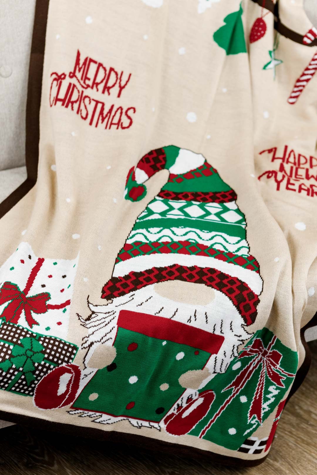 Christmas Blanket With Holiday Gnome And Presents Pattern | Merry Christmas Words Print Blanket, Housewarming Present