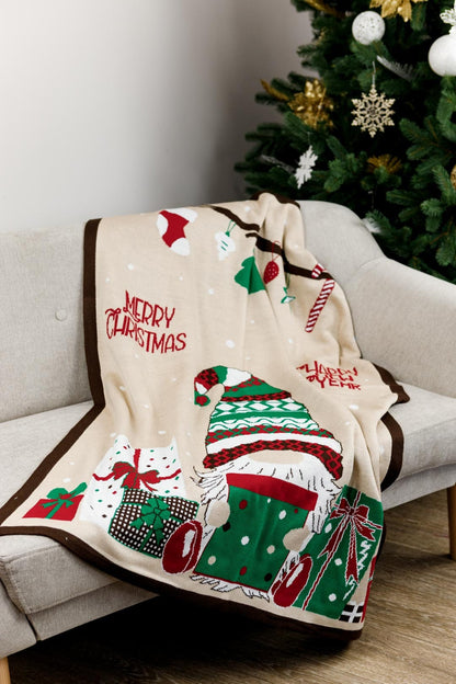 Christmas Blanket With Holiday Gnome And Presents Pattern | Merry Christmas Words Print Blanket, Housewarming Present