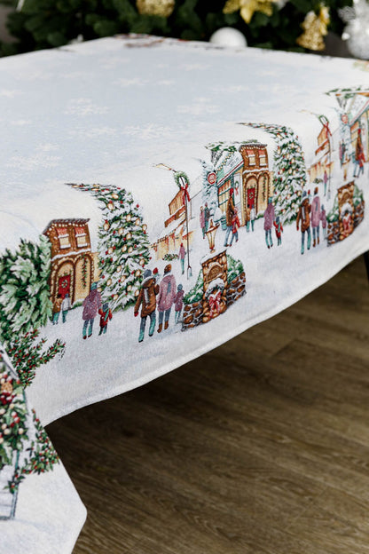 White Christmas Tapestry Tablecloth With Winter Village, Snowflakes Pattern | New Year Wreath Print, Housewarming Gift