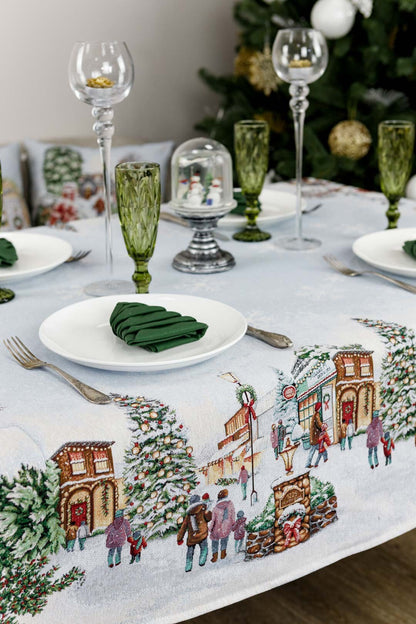 White Christmas Tapestry Tablecloth With Winter Village, Snowflakes Pattern | New Year Wreath Print, Housewarming Gift