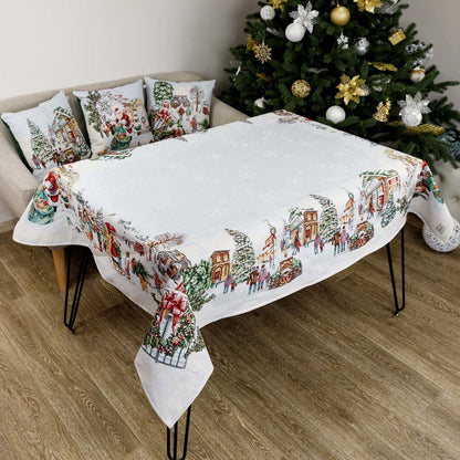 White Christmas Tapestry Tablecloth With Winter Village, Snowflakes Pattern | New Year Wreath Print, Housewarming Gift