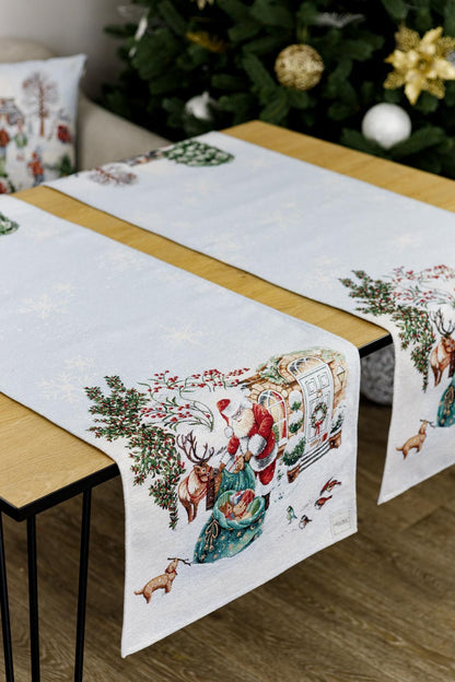 White Christmas Tapestry Table Runner With Santa Claus And Gift Bag Pattern | Festive Holidays Textile Set, Housewarming Gift