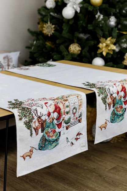 White Christmas Tapestry Table Runner With Santa Claus And Gift Bag Pattern | Festive Holidays Textile Set, Housewarming Gift