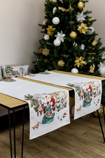 White Christmas Tapestry Table Runner With Santa Claus And Gift Bag Pattern | Festive Holidays Textile Set, Housewarming Gift