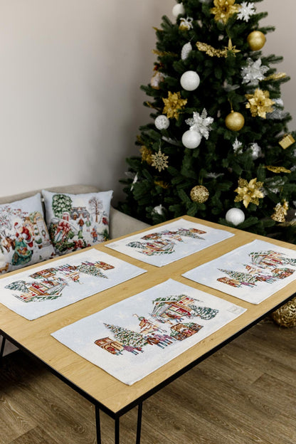 White Christmas Tapestry Table Runner With Santa Claus And Gift Bag Pattern | Festive Holidays Textile Set, Housewarming Gift