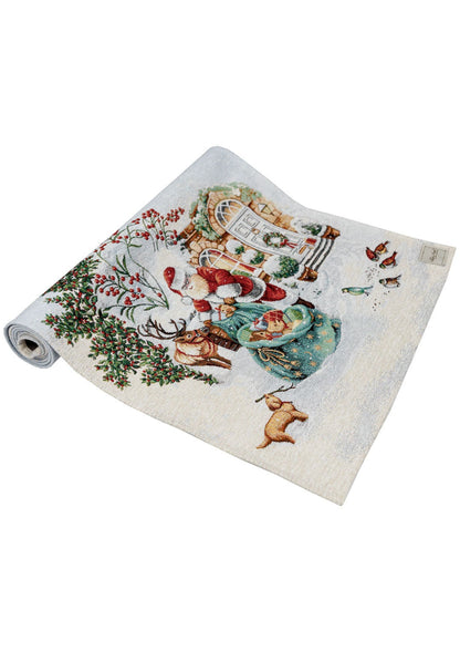 White Christmas Tapestry Table Runner With Santa Claus And Gift Bag Pattern | Festive Holidays Textile Set, Housewarming Gift