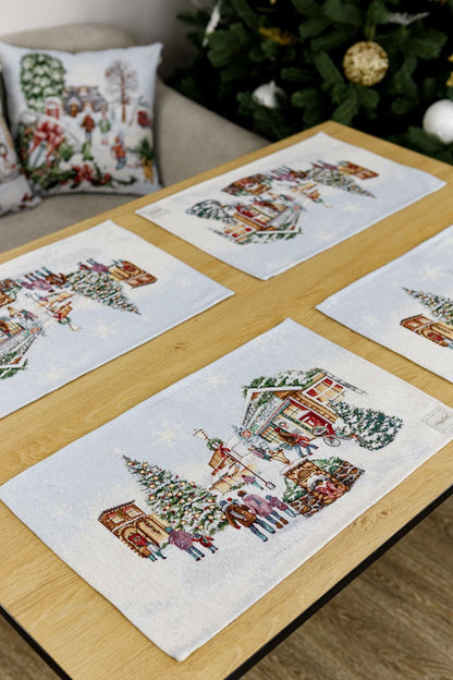 Set of Four White Christmas Tapestry Placemats With Winter Village Pattern | Festive New Year Textile Set, Housewarming Gift