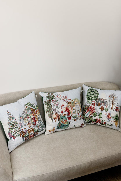 Set of Four White Christmas Tapestry Placemats With Winter Village Pattern | Festive New Year Textile Set, Housewarming Gift