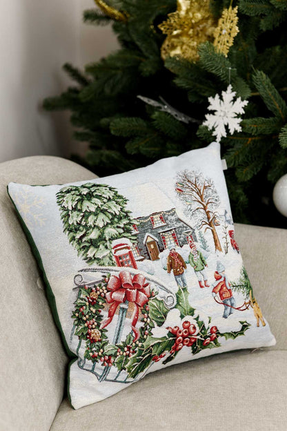 White Christmas Tapestry Pillowcase With Family Pattern | New Year, Winter Holidays Pillow Covers Set, Housewarming Gift