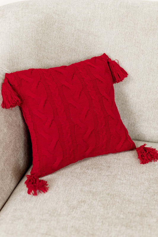 Red Cable Knitted Pillowcase With Tassels | Warm Throw, Home Decor, Housewarming Gift