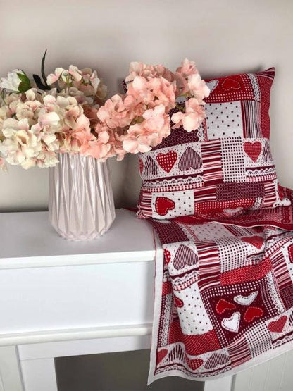 Red knitted blanket with hearts, lace, patchwork pattern | St Valentine's Day present idea, festive home decor, living room throw