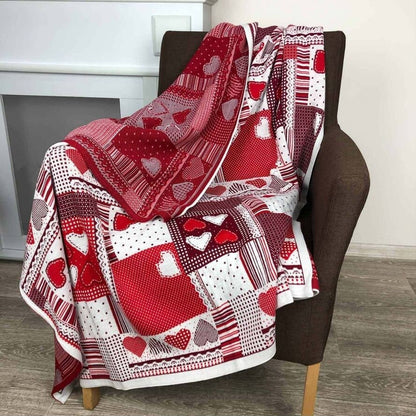 Red knitted blanket with hearts, lace, patchwork pattern | St Valentine's Day present idea, festive home decor, living room throw
