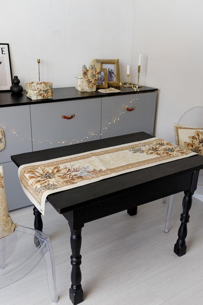 Gold Tapestry Table Runner With Christmas Poinsettia Flower Pattern | New Year Festive Home Decor, Housewarming Gift Idea