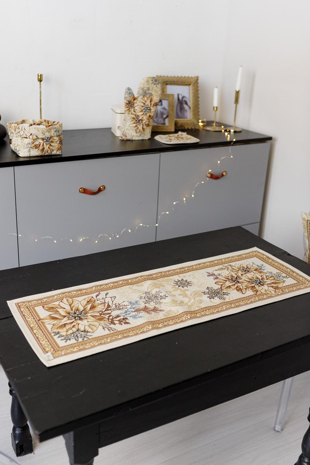 Gold Tapestry Table Runner With Christmas Poinsettia Flower Pattern | New Year Festive Home Decor, Housewarming Gift Idea