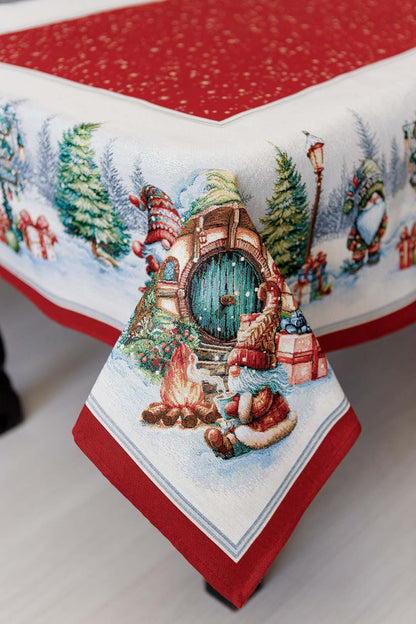 Red Tapestry Tablecloth With Christmas Gnomes And Presents Pattern | Winter Holidays Textile, Festive Home Decor