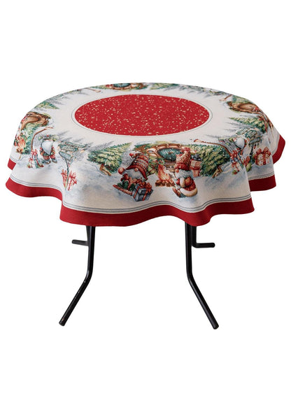 Round Red Tapestry Tablecloth With Christmas Gnomes And Presents Pattern | Winter Holidays Textile, Festive Home Decor