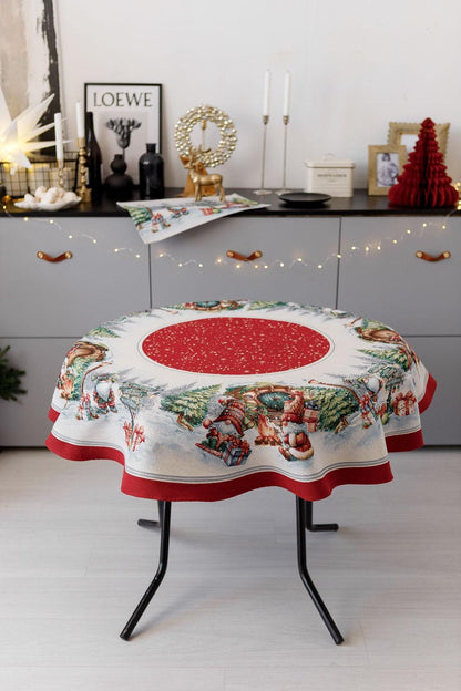 Round Red Tapestry Tablecloth With Christmas Gnomes And Presents Pattern | Winter Holidays Textile, Festive Home Decor