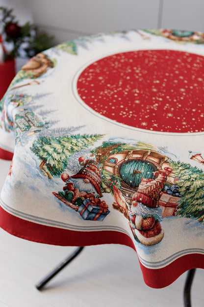 Round Red Tapestry Tablecloth With Christmas Gnomes And Presents Pattern | Winter Holidays Textile, Festive Home Decor