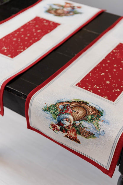 Red Tapestry Table Runner With Christmas Gnomes, Bonfire, Presents Pattern | Winter Holidays Textile, Festive Home Decor