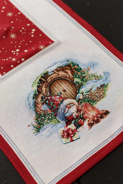 Red Tapestry Table Runner With Christmas Gnomes, Bonfire, Presents Pattern | Winter Holidays Textile, Festive Home Decor