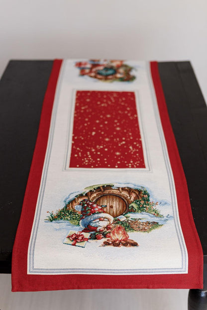 Red Tapestry Table Runner With Christmas Gnomes, Bonfire, Presents Pattern | Winter Holidays Textile, Festive Home Decor