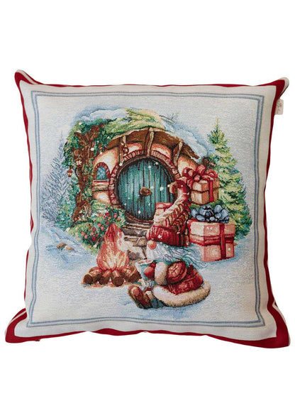 Red Tapestry Pillowcase With Christmas Gnome, Presents And Bonfire Pattern | Winter Holidays Textile, Festive Home Decor