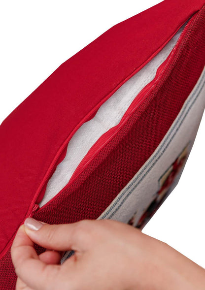 Red Tapestry Pillowcase With Christmas Gnome, Presents And Bonfire Pattern | Winter Holidays Textile, Festive Home Decor