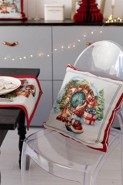 Red Tapestry Pillowcase With Christmas Gnome, Presents And Bonfire Pattern | Winter Holidays Textile, Festive Home Decor