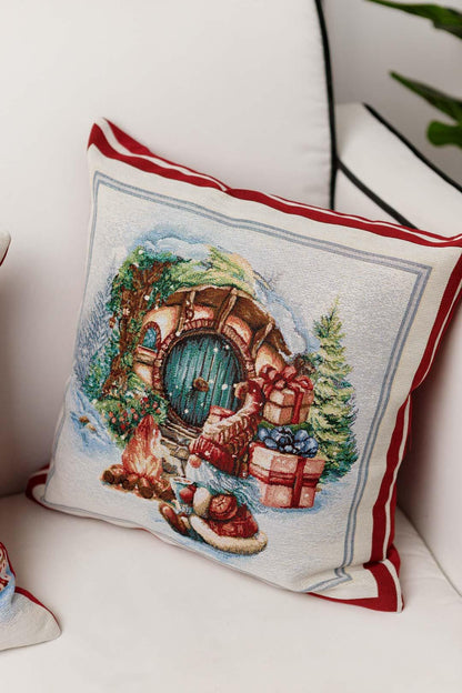 Red Tapestry Pillowcase With Christmas Gnome, Presents And Bonfire Pattern | Winter Holidays Textile, Festive Home Decor