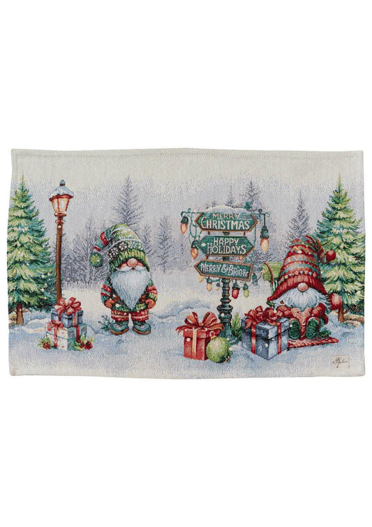 Set Of Four Tapestry Placemats With Christmas Gnomes And Presents Pattern | Festive New Year Textile Set, Housewarming Gift