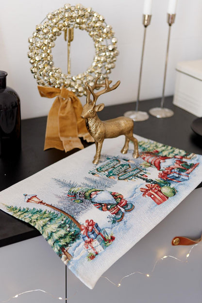 Set Of Four Tapestry Placemats With Christmas Gnomes And Presents Pattern | Festive New Year Textile Set, Housewarming Gift